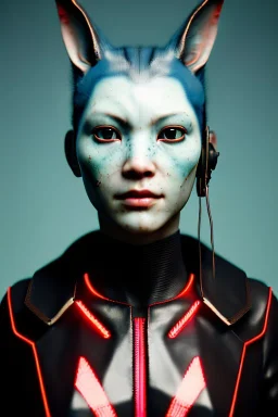 Medium Close Up Portrait, Front image. cyberpunk, rabbit mask, asian woman, short hair. Latex suit army. white, red, color. Yakuza style. Color background, photo studio. Avatar image, highly detailed, concept art, smooth, unreal engine 5, ray tracing, RTX, lumen lighting, ultra detail, volumetric lighting, 3d, finely drawn, high definition, high resolution.