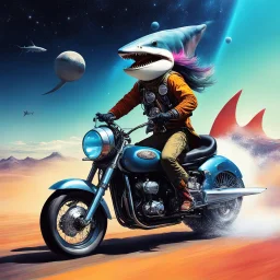 hippy dragoon riding a motor cycle in the shape or a shark though space as a meter shower is passing by