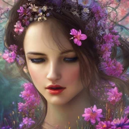 realistic face, Beautiful goddess of spring,delicate flowers, intricately beautiful face, knees up portrait, "in the style of Laura Sava, deep color, fantastical, intricate detail, splash screen, complementary colors, fantasy concept art, 8k resolution, Unreal Engine 5"