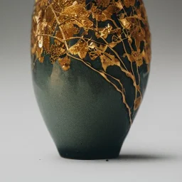 photo of a small cracked ceramic vase repaired with gold, kintsugi, beautiful, vines and leaves, rosebuds, delicate, cinematic, high detail, beautiful composition, delicate arrangement, aesthetic, soft lighting, award winning photography, tender