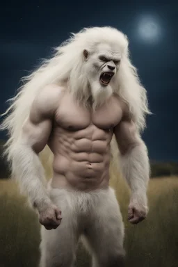 an extremely muscular, extremely hairy, long-haired albino werewolf in a field, Botany, Starry, Moon lit, Retro Pop, Dark Fantasy, Horror, Festive, Realistic - 32k, UHD, professional quality, 8 x 10 digital photograph