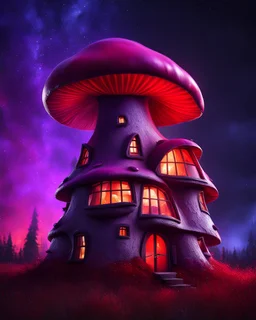 An asymmetrical mushroom house in the night sky. in space. Bright Bold Bright Colors, white purple red, Stark Dark background. Detailed Matte Painting, deep color, fantastical, intricate detail, splash screen, hyperdetailed, insane depth, Fantasy concept art, 8k resolution, trending on artstation, Unreal Engine 5, color depth, Deep Colors, backlit, splash art, dramatic, splash art Style. High Quality, Painterly, Whimsical, Fun, Imaginative, Bubbly, good detail, perfect composition,