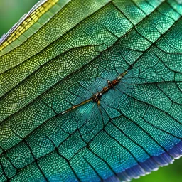 [zoom macro view close-up] a close-up view of a dragonfly wing. Imagine delicate filigree, intricate patterns etched in gossamer. The wing glistens in the sunlight, a filter of colors shimmering as the dragonfly hovers in mid-air. Each vein and cell of the wing is a work of art, a masterpiece of nature's design. It's like staring into a stained glass window