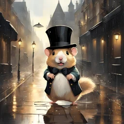 cute adorable Hamster with a top hat and cane walking down Victorian London street after a rainstorm, artistic, nostalgic, by Pascal Campion and helen Cotle and Norman Rockwell, dramatic, concept art, dynamic