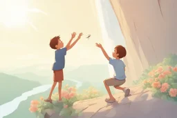 a boy is hanging on the edge of a cliff, holding on, another boy is helping him, holding his hand from above, flowers on the edge of the cliff, waterfall in the sunlight in the background