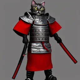 Personnage détaillé, chat, anthropomorphique, habillé comme un samurai, armure très détaillé, rouge, argent, modélisme 3d