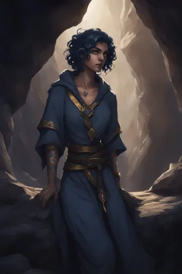 Dnd character in a dark cave. Leaning against a wall. A female Elf twilight cleric with super curly, super short, dark blue hair and golden eyes, wearing gray and dark blue robes. With tattoos. Etheral, very muscular, strong.