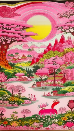 A pink magical woolly land designed in Kuna Molas painted by Utagawa Hiroshige