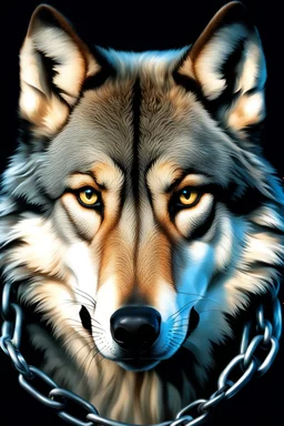 large wolf with a chain around its neck, photorealistic