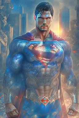 Superman.He looks forward with radiant eyes In a new, sophisticated suit decorated with a Mandala pattern. Strong, fit body. Muscles. A cinematic scene. A destroyed city scene