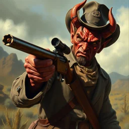 Western devil with a scoped old timey rifle fantasy art