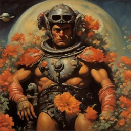 mugshot, Planet of the Vulcans, multicolored, large, floral designs, atmospheric, beautiful, oil painting by Frank Frazetta, 4k UHD, Photorealistic, professional quality