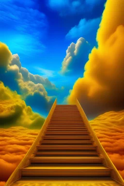 escaleras doradas al cielo de color azul intenso rodeada de nubes coloridas