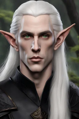photo realistic photo of a male elf. He has pale skin and long white hair. The color of his eyes are black. He wears plain dark leather armor.