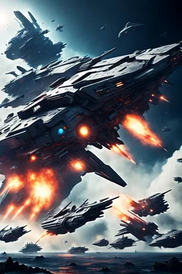 futuristic 4 space battleship fighting in brutal battlefield with 4 alien space battleship