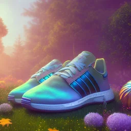 pixar style, volumetric summer garden environment and background, hyper realistic painting of adidas sneaker, looking excited, volumetric lighting, dramatic lighting, detailed digital painting, anime, ornate, colour-saturated colors, chaotic, small minutiae, tiny features, particulars, centered, smooth, sharp focus, renderman gofur render, 8k, uhd, detailed eyes, realistic shaded volumetric lighting, sunlight caustics, backlight, centered camera view