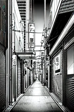 Tokyo alley, line arts, greyscale