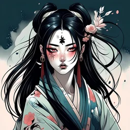 In a combination of digital art styles and the style of Japanese art, portray TikTok as a goddess of evil. There are black markings on her face and she has dark, flowing hair. Her eyes show her liking to destruction, while still keeping her fair, beautiful complexion.