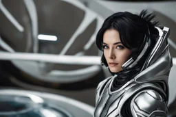 photo of a Sci-fi woman, with black hair, wearing a silver and black spacesuit looking like an android, no helmet, on an alien planet