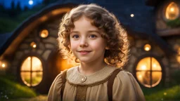 little young hobbit girl, beautiful, confident, calm, wise, happy, innocent, facing camera, head and shoulders, curly hair, hobbit clothing, perfect eyes, LOTR village, hobbit homes with circular windows and round doors, night scene, stars, fireflies, 16k artistic photography, exquisite composition, photorealistic concept art, soft natural volumetric light, chiaroscuro, award-winning photograph, masterpiece, style William-Adolphe Bouguereau