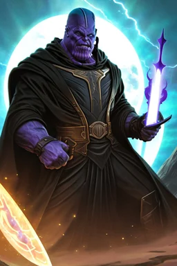 Thanos is the god of power and evil The commander wears a black cloak and a long coat with long combat boots and a long spear with a hat under his cloak with blue flame eyes, a sword like a spear The sun in the palm of a brave man in the middle of the desert