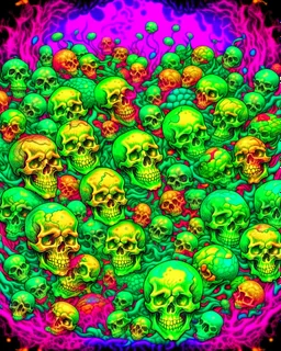 a field of skulls, multi colored, bright, vivid, psychedelic, high detailed, matte, bunches and bubbled up clumps, horrorcore, vines, unsettling contrast