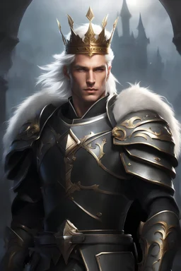 Male Tan Human, White Hair, Handsome Face, Wearing A Magical Crown, Black Heavy Armour, Dark colours theme, Very Dark Background, Paladin Greatsword Strapped to his Back