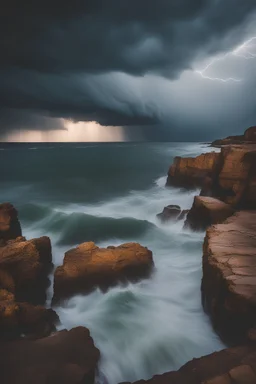 Image of thunderstorm with lots of rain, lightning and black clouds, stone rain and gusts of wind stirring the sea and causing huge waves