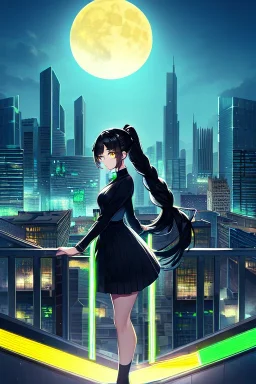 girl, masterpiece, best quality, cinematic lighting, detailed outfit, perfect eyes, black hair, golden eyes, long hair, ponytail, braided ponytail, girl standing in a modern cityscape at night with a bright yellow moon in the background, detailed cityscape illustration, neon lights, vibrant colors, dramatic lighting,