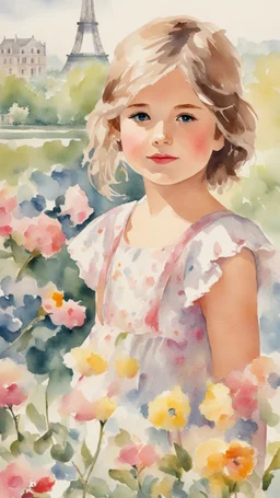 Little girl, vintage, 10 years old, summer, pretty face, beautiful flowers, Eiffel Tower in the background, flowers, colorful, watercolor, watercolor painting, beautiful painting, watercolor detailed art, post card