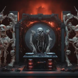 DJ of the damnded, insanely detailed DJ booth in hell, MID set, speakers and equipment made of bone, anatomically correct, add more skulls in th audience, photorealism, vray, 8k 3d