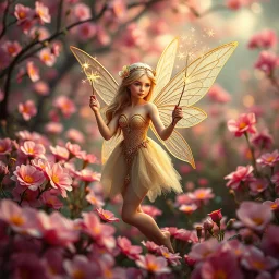 A hyper-realistic,A fairy with a wand of twinkling stars, surrounded by a sea of vibrant blooms in a dreamlike fantasy world., Photo Real, HOF, full size, practicality,manufacturability,performance, (((realism, realistic, realphoto, photography, portrait, realistic, elegant, charming, apocalyptic environment, professional photographer, captured with professional DSLR camera, trending on Artstation, 64k, ultra detailed, ultra accurate detailed, bokeh lighting, surrealism, Thomas Kinkade backgroun