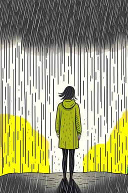 Ilustration of a woman standing alone in a storm , with rain pouring down around them