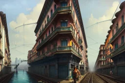 Train corner+Elevated Train pass on sea+trains+ corner building on sea+riomaggiore+genoa street+turin+Italian medieval town+Italian city+alphonse mucha, greg rutkowski,matte painting, cryengine, hyper detailed, felix kelly, fantasy art, seb mckinnon