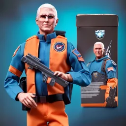 a large pile of face Mike Pence G.I. Joe toy Doll spaceforce uniform, orange blue fabric, guns, wall packaging for sale, bright pricetag, finger, empty box