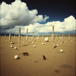 Strange spindle-shaped objects of various shapes, scattered over an arid wasteland, clouds, night, Max Ernst, Audubon, Amano, Walton Ford, Yves Tanguy, polaroid, 8k, 3d, 33mm photography, well defined