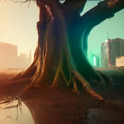 Cyberpunk theme, portrait of Oak tree roots holding man inside, misty sunny day, close-up portrait, symbios