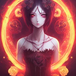 anime, epic dark queen,tears, majestic, ominous, fire, fiery red roses background, intricate, masterpiece, expert, insanely detailed, 4k resolution, retroanime style, cute big circular reflective eyes, cinematic smooth, intricate detail , soft smooth lighting, soft pastel colors, painted Rena