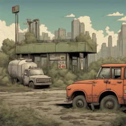 Gas station, overgrown apocalyptic city background,comic book, gasoline tanker truck