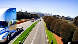 A Tesla semi-truck is racing at top speed, across the 'Golden Gate Park', in San Francisco. CINEMATIC. WIDE ANGLE LENS. PHOTO REAL.