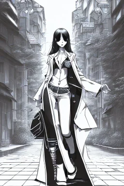 girl walk on the streets, manga style, line arts illustration