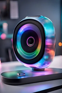 hand held CUSTOMIZABLE SPEAKER with a display screen and it is made of colored glass on a futuristic desk