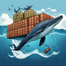 A whale carrying shipping containers on its back , swimming in the ocean. Digital Art, Digital Drawing