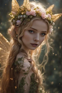 Pink flower crown,Pointed elven ears,Blonde hair ,Pink dress,Sparkling fairy wings,Very long golden hair,Fairy crown,pointed ears,elven ears,fairy wings,water lilies,sparkling,glittering,flowers,blossoms,golden crown,light pink dress