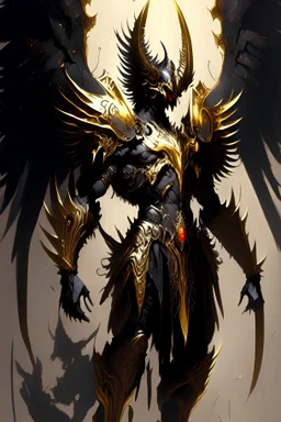 an image of a demonic creature with wings, archaon the everchosen, ornate supreme demon overlord, diablo digital concept art, diablo concept art, epic exquisite character art, omen from valorant, concept art of omegamon, angelic golden armor, infernal art in good quality, dark fantasy character design, black and golden armor, saint michael the angel