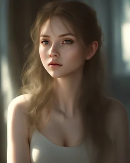 16 years old), ((1 girl)), (highly detailed eyes,highly detailed face), (realism: 1.2), beautiful shining body, (bright lighting: 1.2), morning light, Best Quality, Masterpiece, Natural Light, (RAW Photo, Best Quality, Masterpiece: 1.2), Ray-traced reflections, photon mapping, ultra-high resolution, 16k images, depth of field, medium hair,bangs, The ship, a wooden vessel with billowing sails, navigates the open sea, creating a rhythmic creaking beneath the young woman's feet. The sunlight reflec
