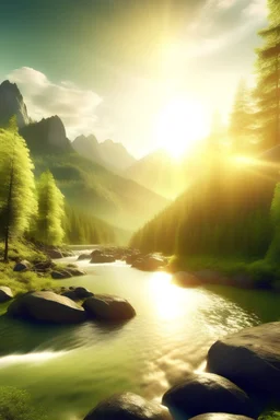 صورة لارض واسعة بها أشجار ونهر به شلال وجبال وشمس مشرقة في طرف الصورة