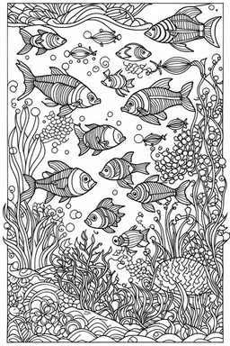 Stress Relief coloring page for kids, Whimsical underwater world with friendly sea creatures, cartoon style, thick outline, low details, no shading, no color