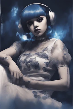 Poster in two gradually, a one side the Singer Melanie Martinez face, full body, sit pose, painting by Yoji Shinkawa, darkblue and sepia tones,sinister, detailed iridescent, metallic, translucent, dramatic lighting, hyper futuristic, digital art, shot with Sony Alpha a9 Il and Sony FE 200-600mm f/5.6-6.3 G OSS lens, natural light, hyper realistic photograph, ultra detailed -ar 3:2 -q 2 -s 750,malevolent goth vampire girl face and other side
