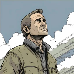 man, chevy chase, looking at the sky, looking serious, comic book, post-apocalypse, grey background, illustration,